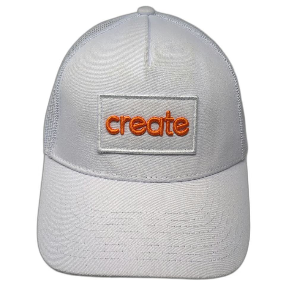 Create Trucker Hat White One Size Orange Embroidered Patch Mesh Back Snapback